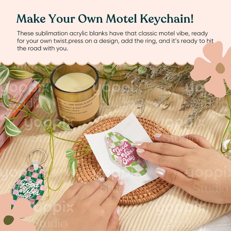 YOPPIX 60 Pcs Sublimation Acrylic Motel Keychain Blanks, with 20 Fixing Clips and 20 Key Rings for Heat Transfer Keychain Bag Decor Room Labels Hotel Key Tags Home Gift Crafts Supplies - Image 2